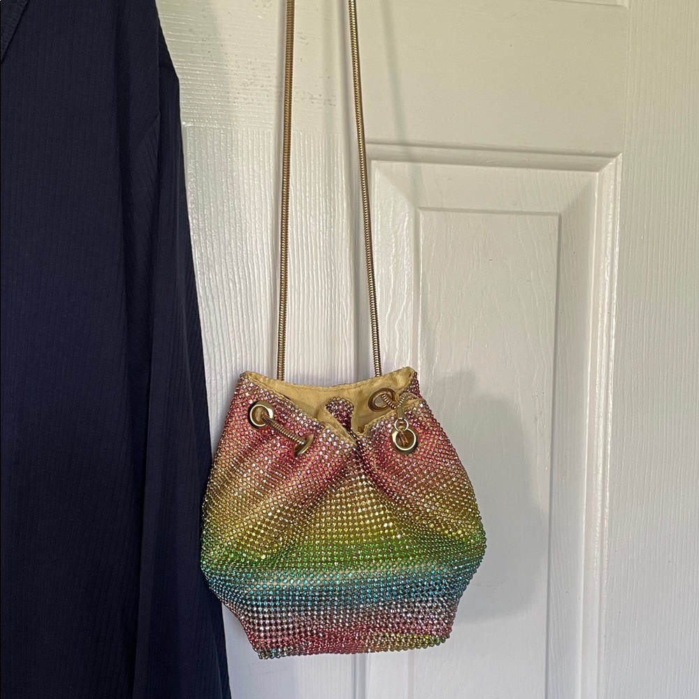 Crystal Rainbow Drawstring Mini Bag with Gold Chain